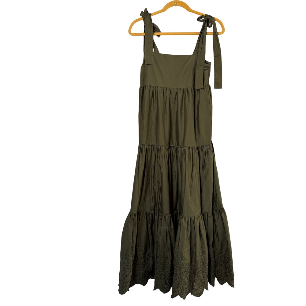 Jason Wu Tiered Maxi Dress Size M Olive Green Eyelet Lace Hem Tie Straps Boho